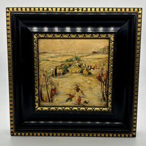 Vintage Enamel on Tile Painting Landscape W/Figures Winter Scene Framed & Signed